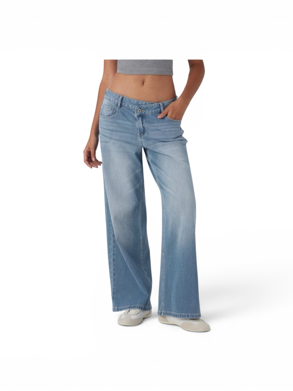 Halara Flex Asymmetric Low Rise Baggy Jean Sz SP Wide Leg Med Wash Casual